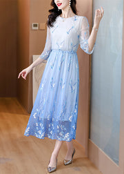 Art Gradient Blue O Neck Embroidered Drawstring Silk Dress Summer