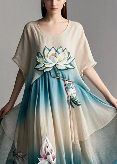 Art Gradient Color Asymmetrical Design Lotus Print Cotton Dress Summer