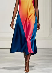 Art Gradient Color Asymmetrical Patchwork Silk Dresses Summer