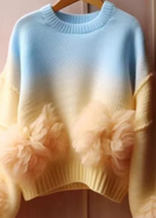 Art Gradient Color O Neck Patchwork Knit Sweater Spring