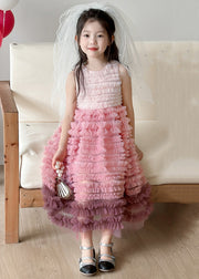 Art Gradient Color Ruffled Patchwork Tulle Girls Dress Sleeveless