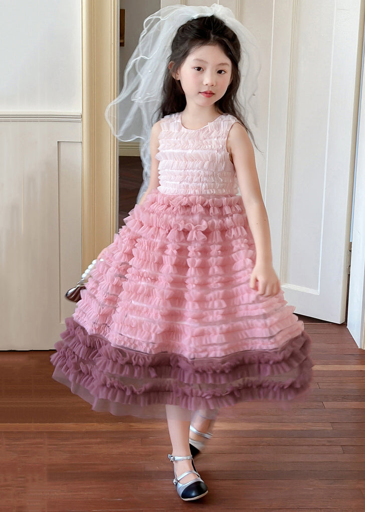 Art Gradient Color Ruffled Patchwork Tulle Girls Dress Sleeveless