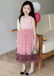 Art Gradient Color Ruffled Patchwork Tulle Girls Dress Sleeveless