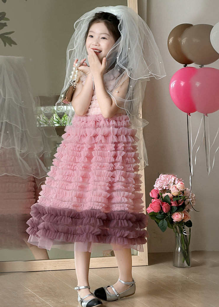 Art Gradient Color Ruffled Patchwork Tulle Girls Dress Sleeveless