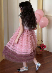 Art Gradient Color Ruffled Patchwork Tulle Girls Dress Sleeveless