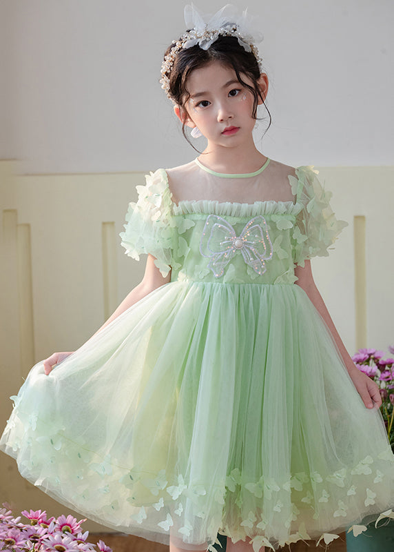 Art Grass Green Butterfly Hollow Out Tulle Kids Girls Dress Summer