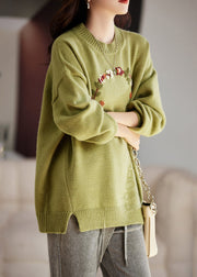 Art Grass Green Embroidered Thick Knit Sweater Tops Winter