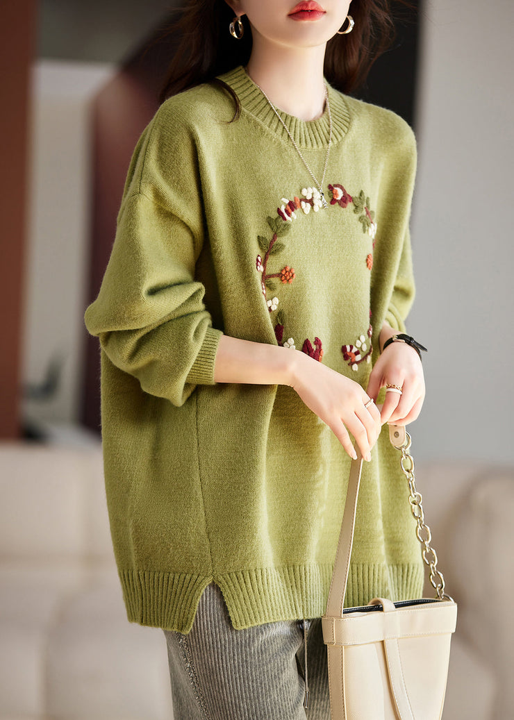 Art Grass Green Embroidered Thick Knit Sweater Tops Winter