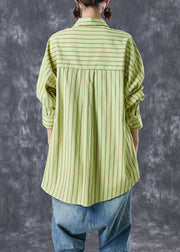 Art Grass Green Oversized Striped Cotton Blouses Summer