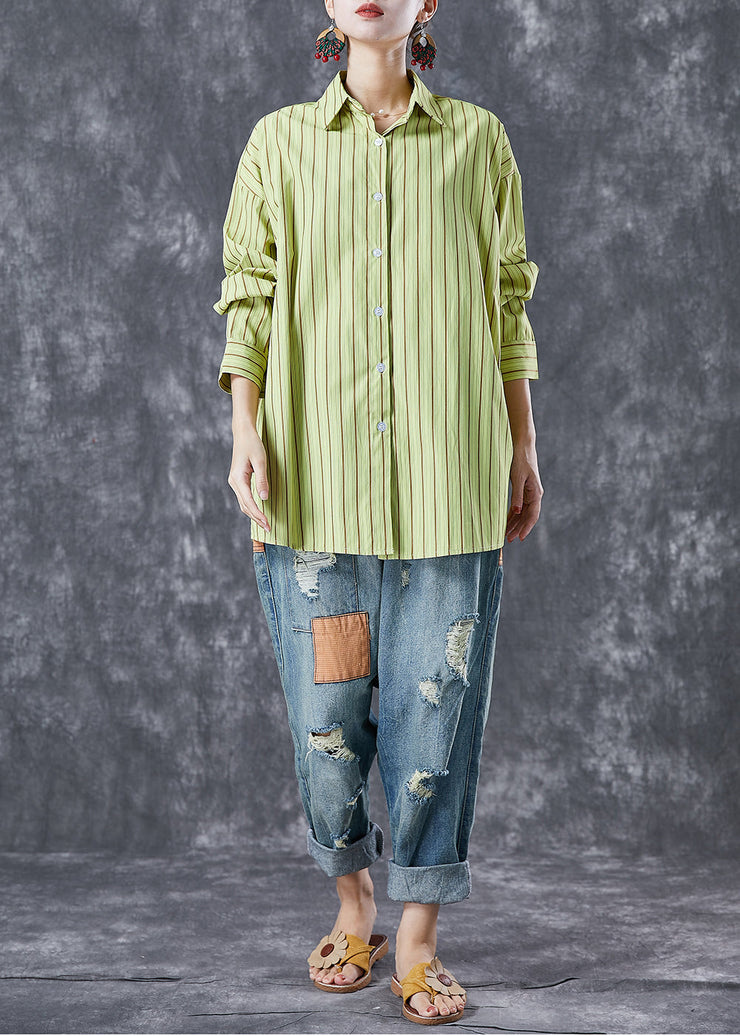 Art Grass Green Oversized Striped Cotton Blouses Summer