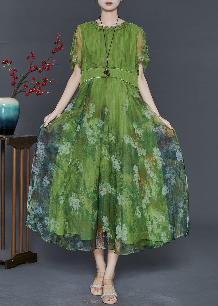 Art Grass Green Print Exra Large Hem Silk Dresses Summer