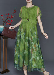 Art Grass Green Print Exra Large Hem Silk Dresses Summer