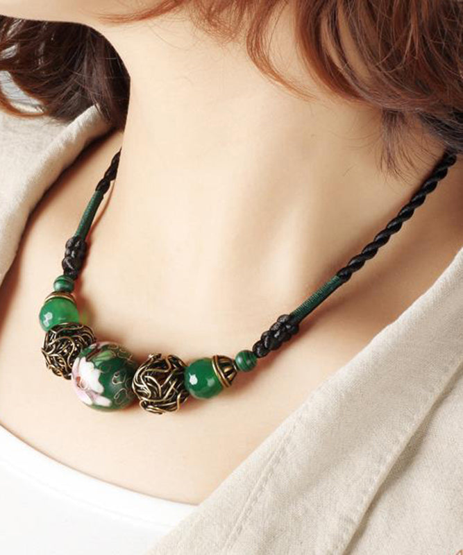 Art Green Agate Malachite Cloisonne Graduated Bead Necklace