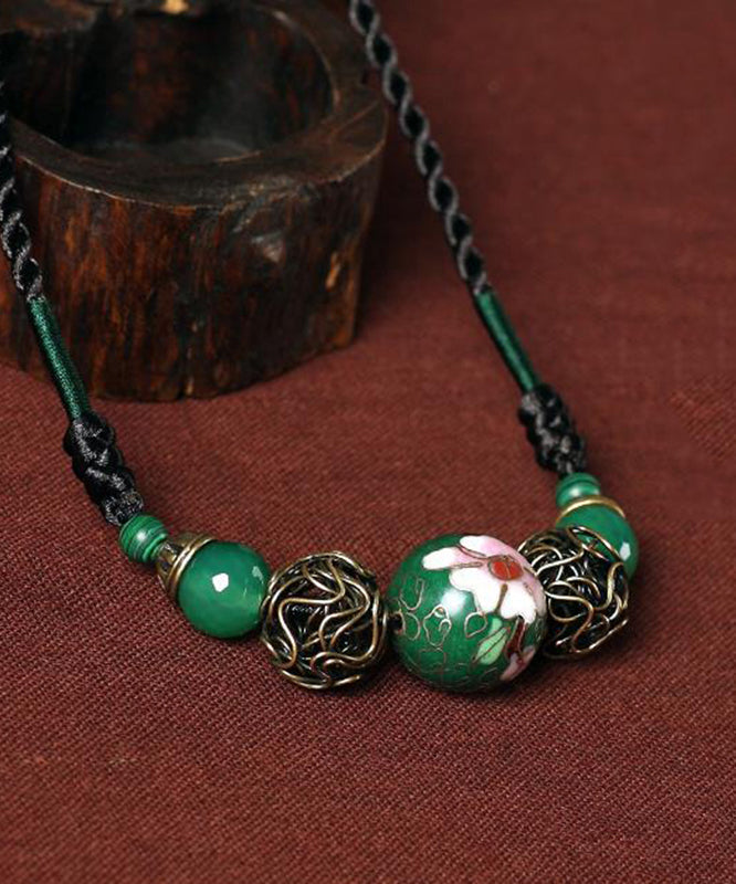 Art Green Agate Malachite Cloisonne Graduated Bead Necklace