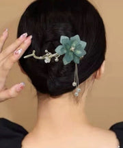 Art Green Alloy Pearl Floral Tassel Hairpin