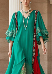 Art Green Asymmetrical Patchwork Chiffon Dress Flare Sleeve