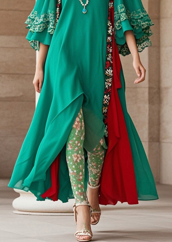 Art Green Asymmetrical Patchwork Chiffon Dress Flare Sleeve