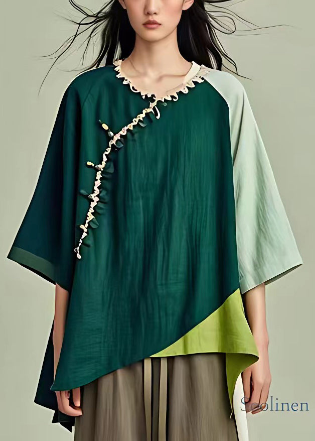Art Green Asymmetrical Patchwork Linen Shirt Half Sleeve