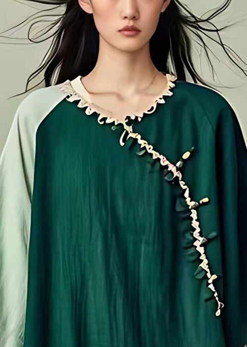 Art Green Asymmetrical Patchwork Linen Shirt Half Sleeve