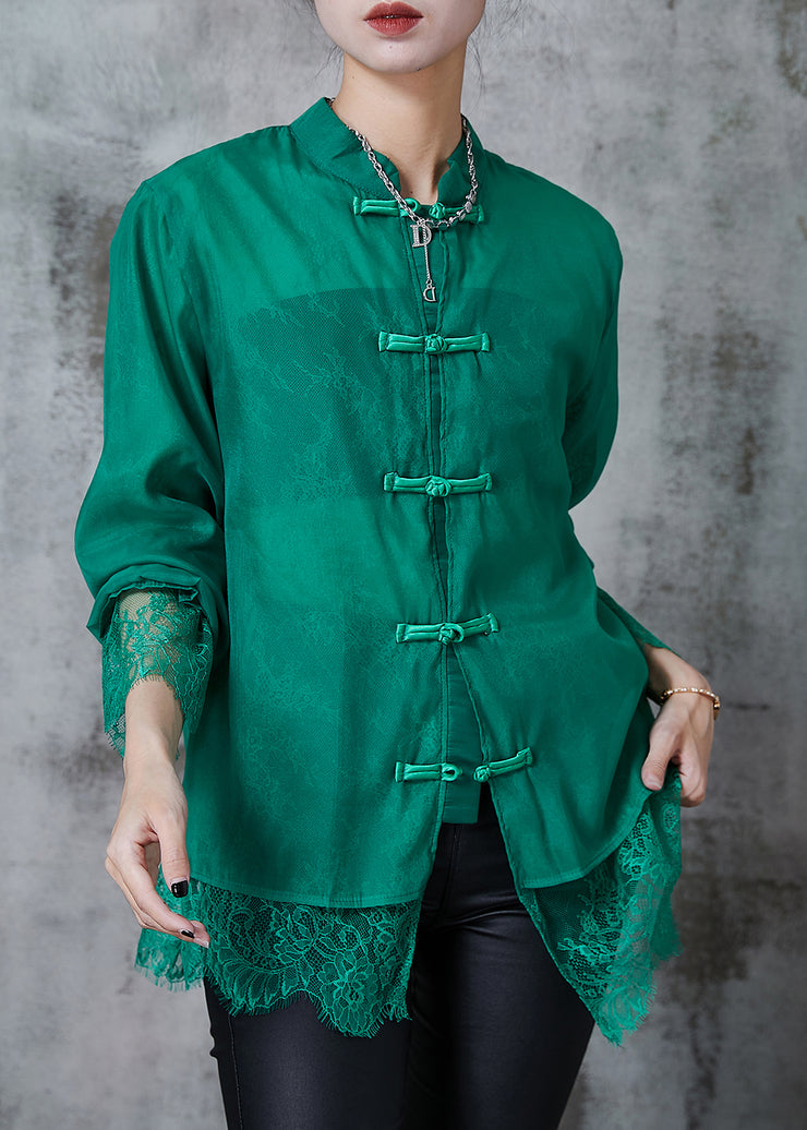 Art Green Chinese Button Patchwork Lace Shirt Tops Summer