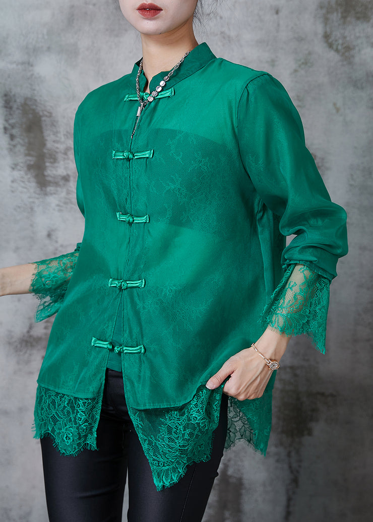Art Green Chinese Button Patchwork Lace Shirt Tops Summer