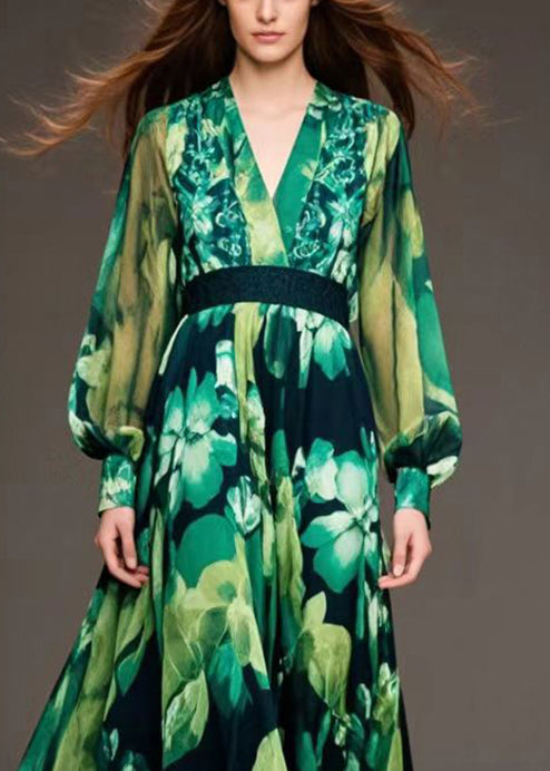 Art Green Cinched Print Chiffon Ankle Dress Spring