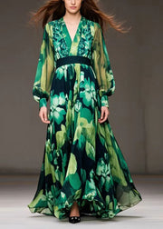 Art Green Cinched Print Chiffon Ankle Dress Spring