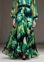 Art Green Cinched Print Chiffon Ankle Dress Spring