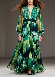 Art Green Cinched Print Chiffon Ankle Dress Spring