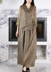 Art Green Coffee V Neck Print Button Linen Top And Maxi Skirts Two Piece Set Long Sleeve