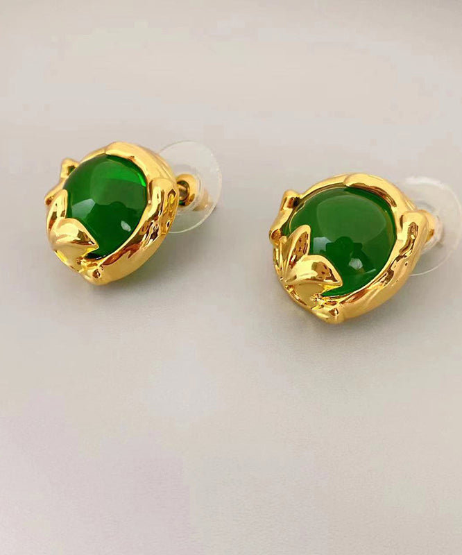 Art Green Copper Overgild 14K Gold Gem Stone Stud Earrings