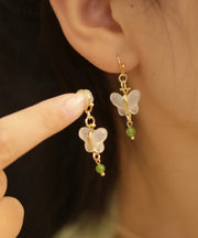 Art Green Copper Overgild Jade Butterfly Drop Earrings