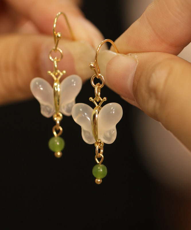 Art Green Copper Overgild Jade Butterfly Drop Earrings