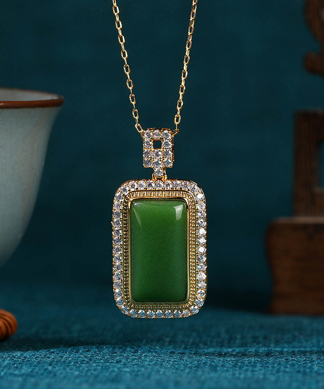 Art Green Copper Overgild Jade Zircon Pendant Necklace