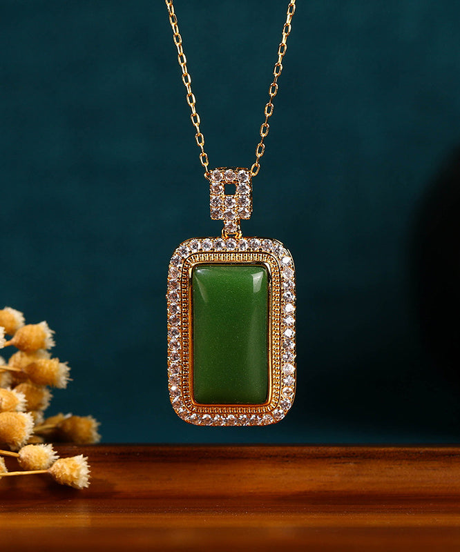 Art Green Copper Overgild Jade Zircon Pendant Necklace