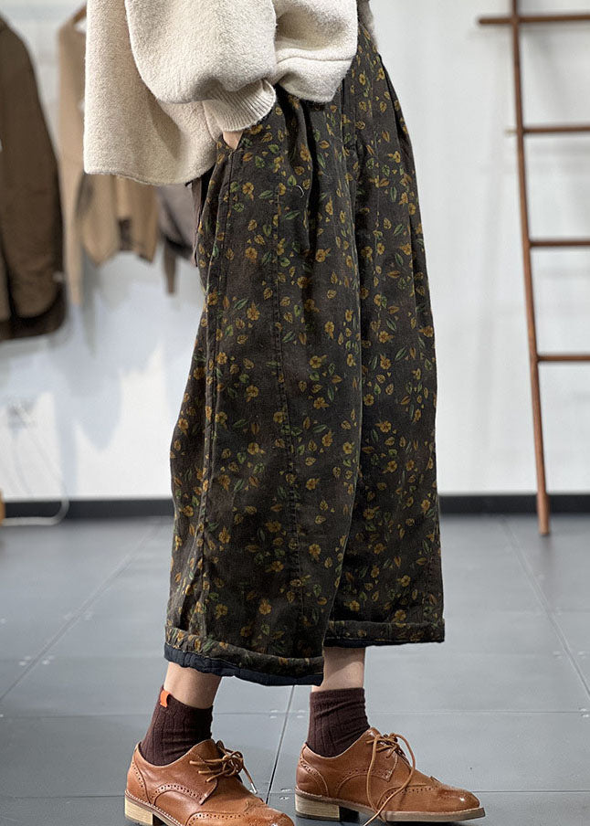 Art Green Elastic Waist Print Fine Cotton Filled Wide Leg Pants Winter