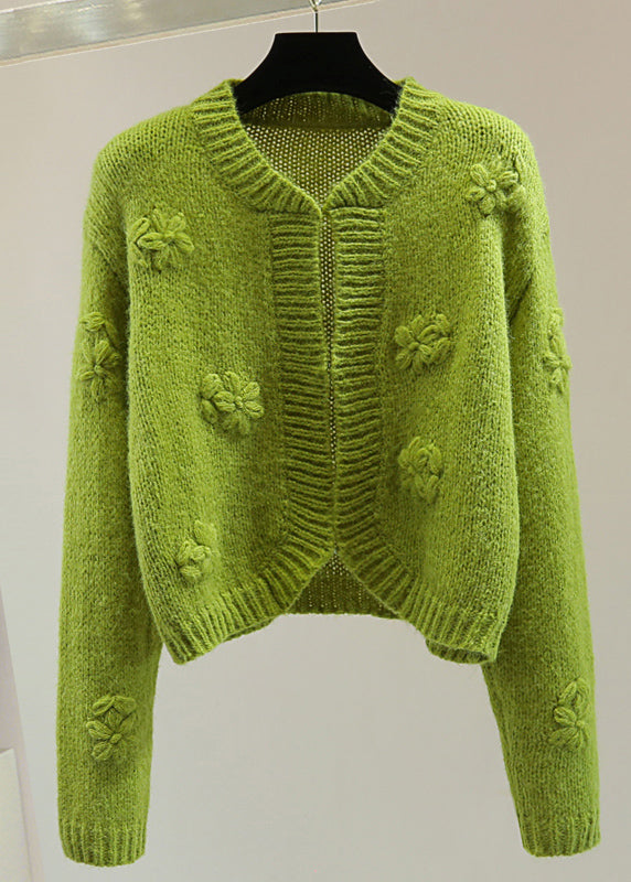 Art Green Embroidered Floral Solid Cotton Knit Sweater Winter