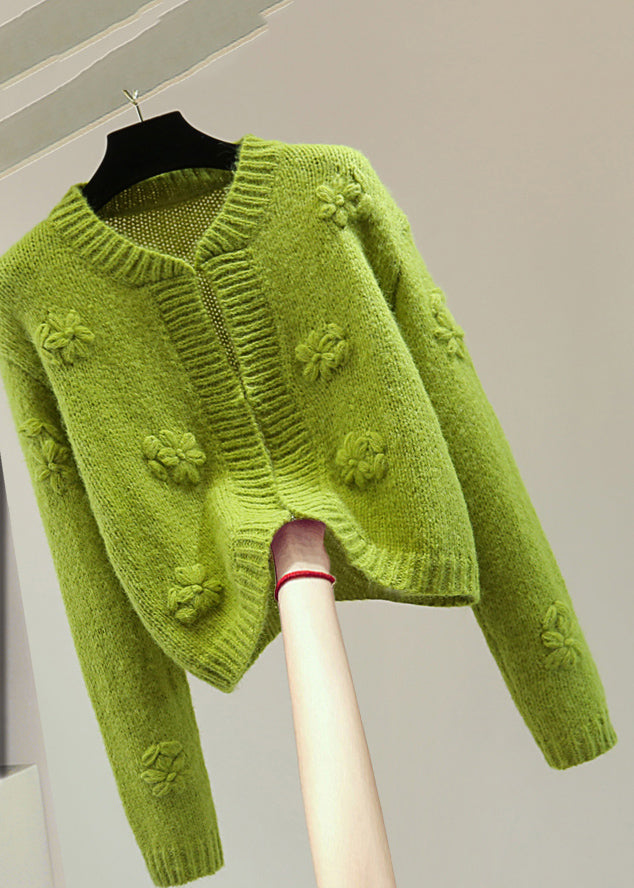 Art Green Embroidered Floral Solid Cotton Knit Sweater Winter