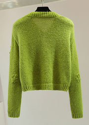 Art Green Embroidered Floral Solid Cotton Knit Sweater Winter