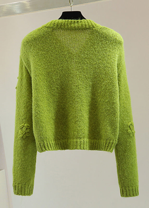 Art Green Embroidered Floral Solid Cotton Knit Sweater Winter