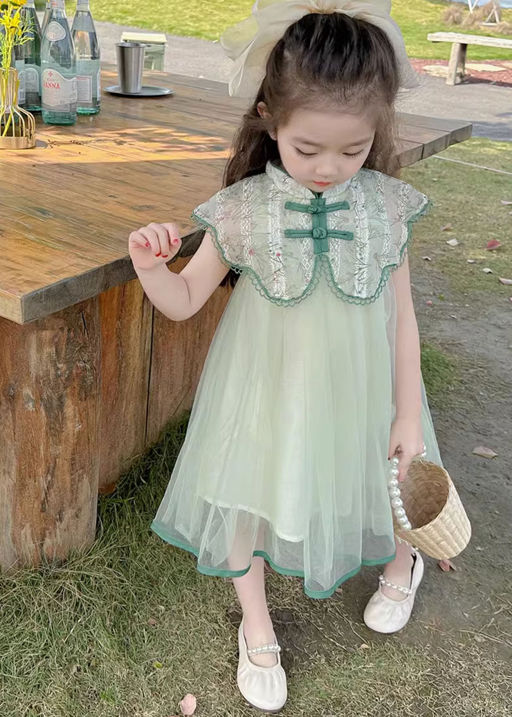 Art Green Embroideried Patchwork Button Tulle Girls Vacation Maxi Dresses Summer