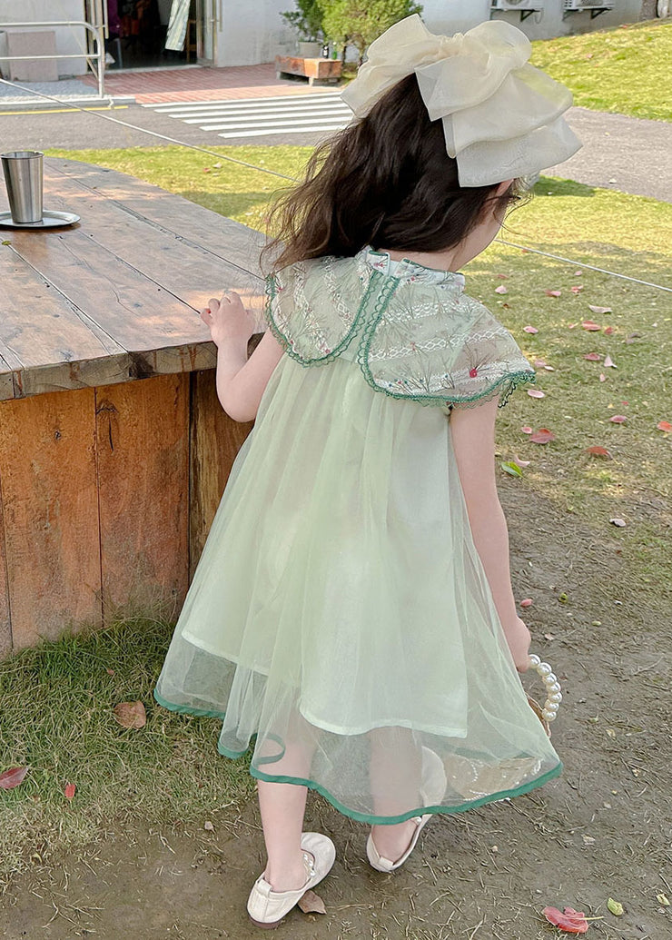 Art Green Embroideried Patchwork Button Tulle Girls Vacation Maxi Dresses Summer