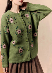 Art Green Floral Button Knit Cardigan Winter