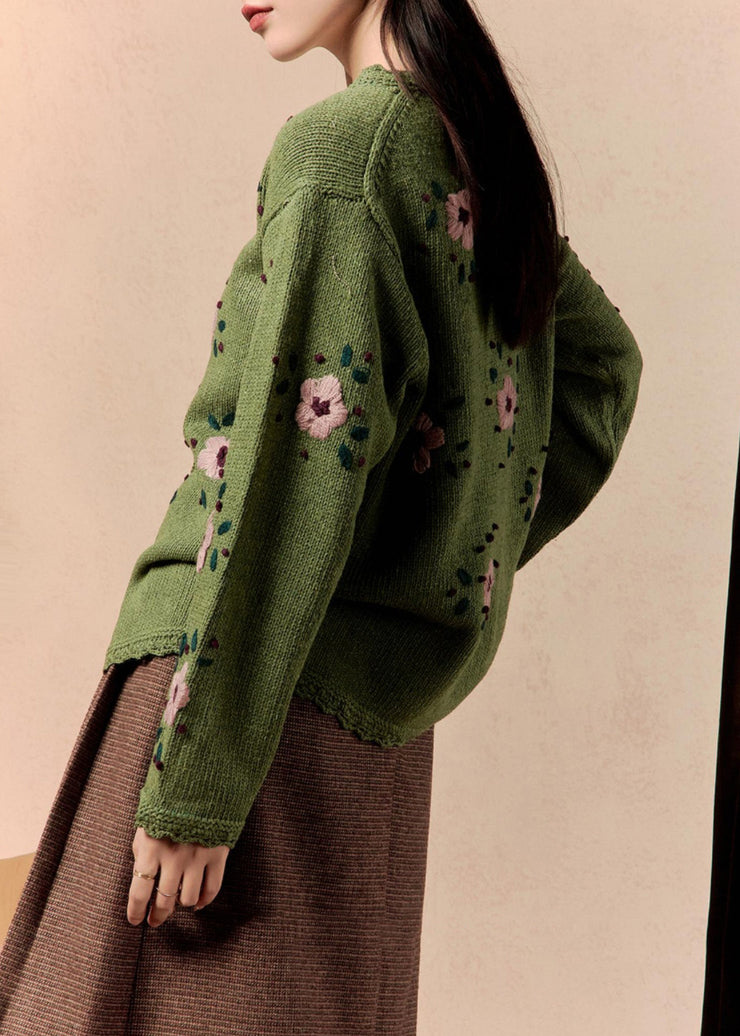 Art Green Floral Button Knit Cardigan Winter