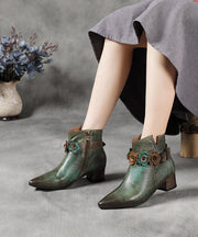 Art Green Floral Zippered Splicing Chunky Boots Pointed Toe