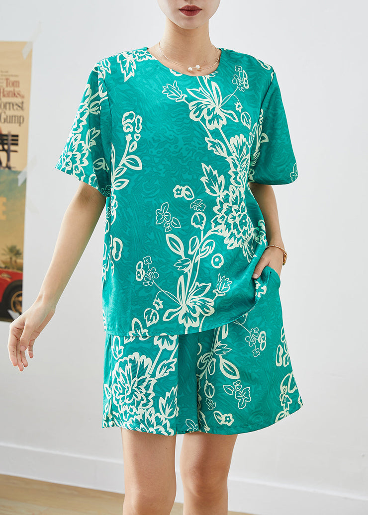 Art Green O-Neck Oversized Print Silk Two Pieces Set Summer