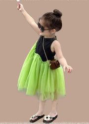 Art Green O-Neck Patchwork Tulle Girls Long Dress Summer