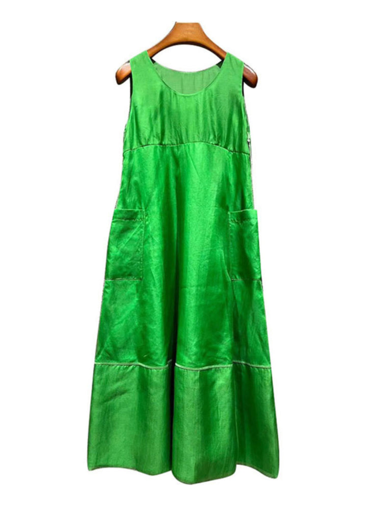 Art Green O Neck Pockets Patchwork Silk Dresses Sleeveless