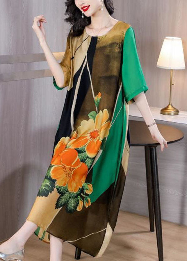 Art Green O Neck Print Patchwork Silk Dress Summer