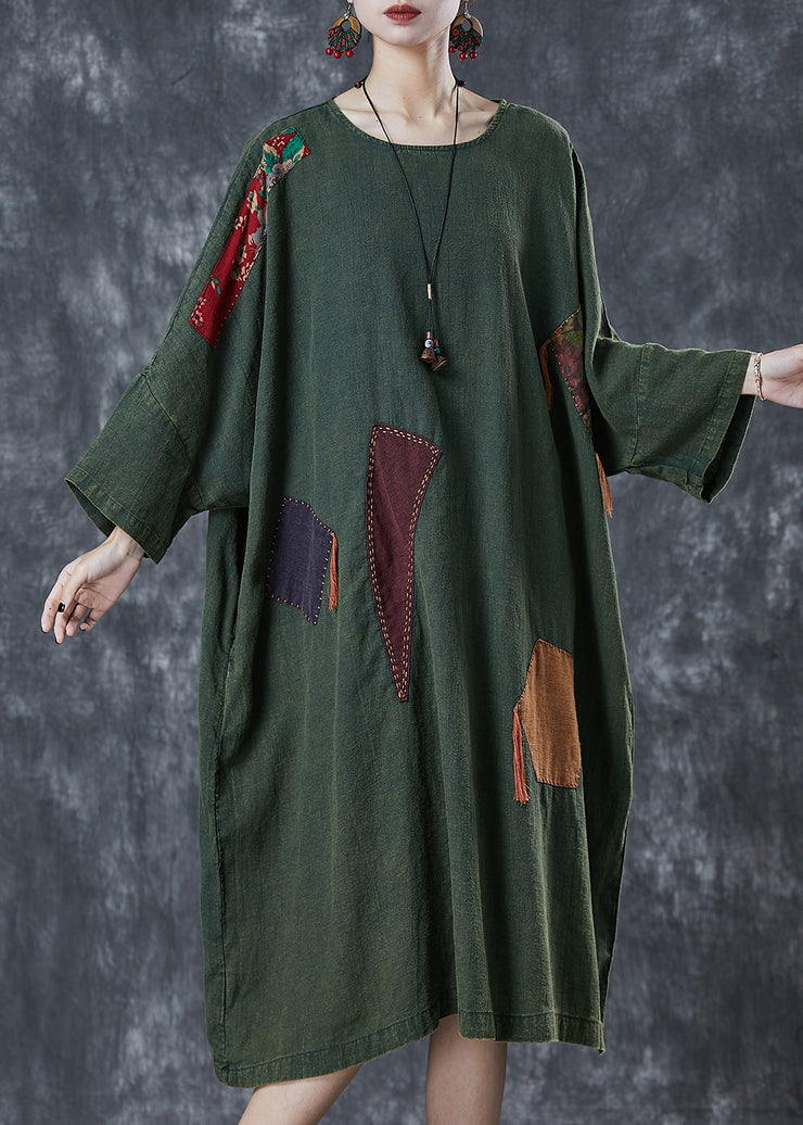 Art Green Oversized Patchwork Applique Linen Dress Batwing Sleeve
